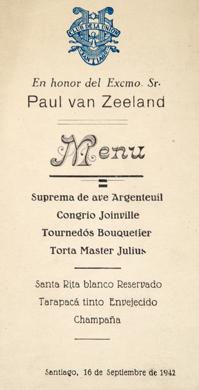 Primera imagen del registro Menú en honor de Paul van Zeeland