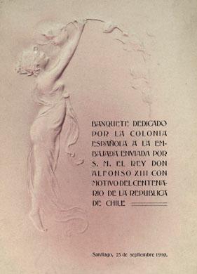 Primera imagen del registro Menú banquete por la colonia española a la embajada, enviada por S.M. El rey Don Alfonso XIII