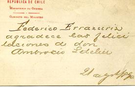Primera imagen del registro Tarjeta del Presidente Don Federico Errazuriz agradeciendole a Don Ambrosio Letelier