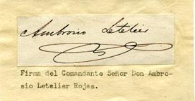 Primera imagen del registro Tarjeta firmada por el Comandante Señor Ambrosio Letelier Rojas