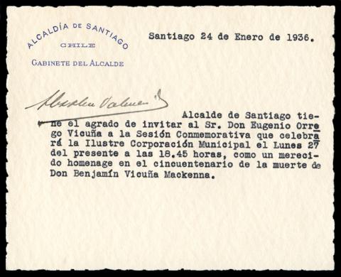 Primera imagen del registro Invitación del Alcalde de Santiago a Eugenio Orrego Luco