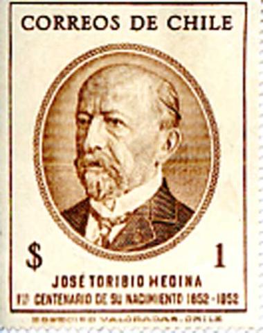 Primera imagen del registro Estampilla de correos de Chile alusivo al primer centenario del nacimiento de José Toribio Medina.