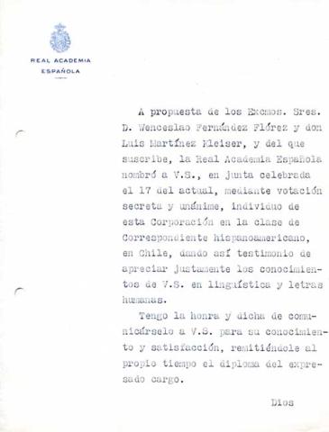 Primera imagen del registro Anuncio de nombramiento de la Real Academia Española