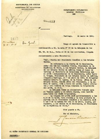 Primera imagen del registro Carta de Informe de visita del Presidente González Videla a los E.E.U.U.