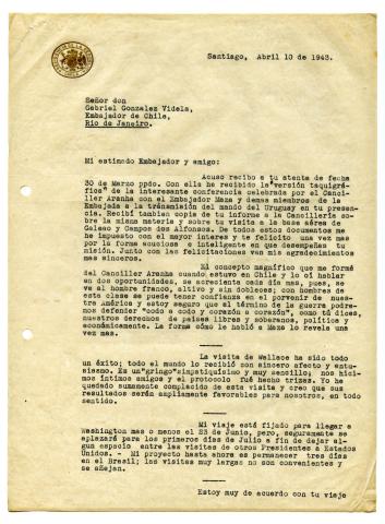 Primera imagen del registro Carta del Presidente Juan Antonio Ríos a Gabriel González V.