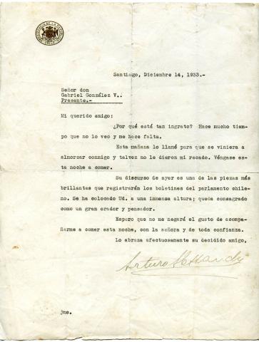 Primera imagen del registro Carta de Presidente Arturo Alessandri