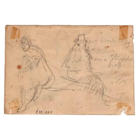 Primera imagen del registro Apuntes (2 figuras con casa a la izquierda sentada-derecha hombre con sombrero sentado)