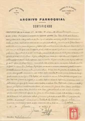 Primera imagen del registro Certificado de Bautismo de Don Bernardo O'Higgins