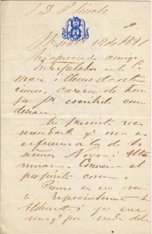 Primera imagen del registro Carta fechada en 1881