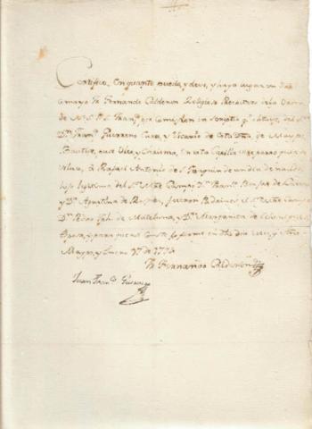 Primera imagen del registro Certificado de Bautismo fechado en mayo y enero de 1794