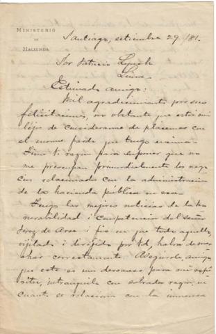 Primera imagen del registro Carta de Don Luis Aldunate a Don Patricio Lynch
