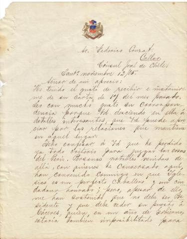 Primera imagen del registro Carta de Domingo Santamaría a Federico Cruzat, 12 de noviembre de 1885.