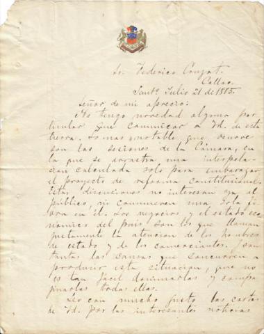 Primera imagen del registro Carta de Don Domingo Santa María a Federico Cruzat, 21 de Julio de 1885