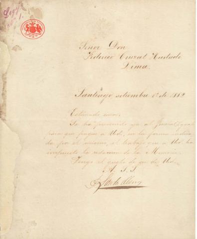 Primera imagen del registro Carta de Domingo santa María a Francisco Cruzat Hurtado