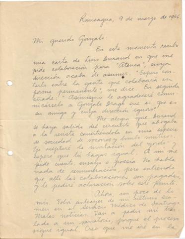 Primera imagen del registro Carta de Oscar Castro a Gonzalo Drago