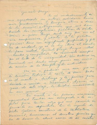 Primera imagen del registro Carta de Oscar Castro a Gonzalo Drago