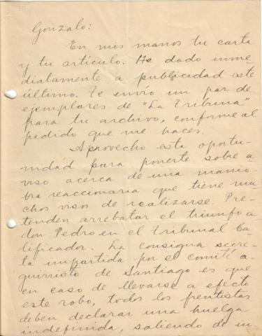 Primera imagen del registro Carta de Oscar Castro a Gonzalo Drago