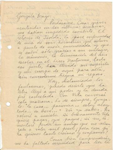 Primera imagen del registro Carta de Oscar Castro a Gonzalo Drago
