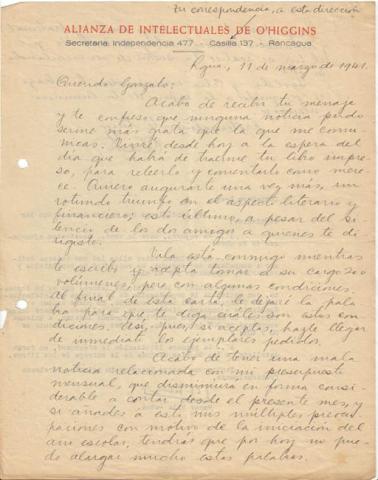 Primera imagen del registro Carta de Oscar Castro a Gonzalo Drago