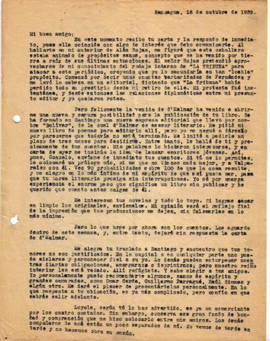 Primera imagen del registro Carta de Oscar Castro a Gonzalo Drago
