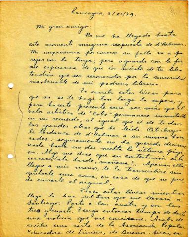 Primera imagen del registro Carta de Oscar Castro a Gonzalo Drago