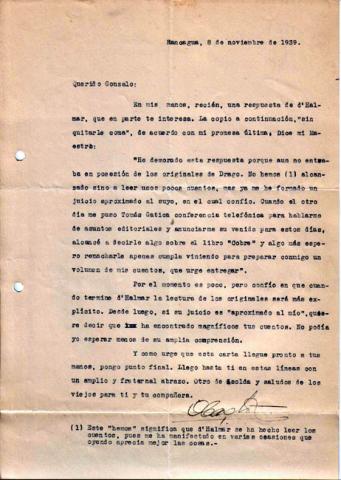 Primera imagen del registro Carta de Oscar Castro a Gonzalo Drago
