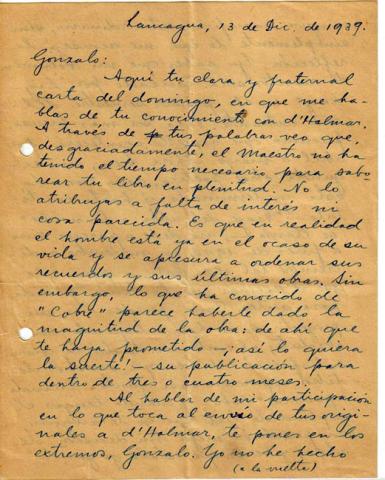 Primera imagen del registro Carta de Oscar Castro a Gonzalo Drago