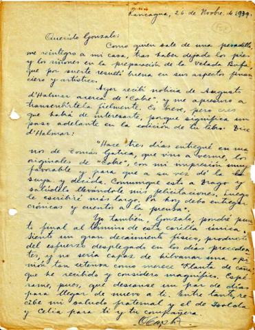Primera imagen del registro Carta de Oscar Castro a Gonzalo Drago