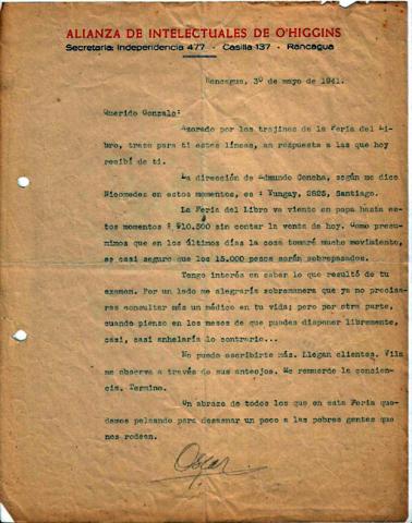 Primera imagen del registro Carta de Oscar Castro a Gonzalo Drago