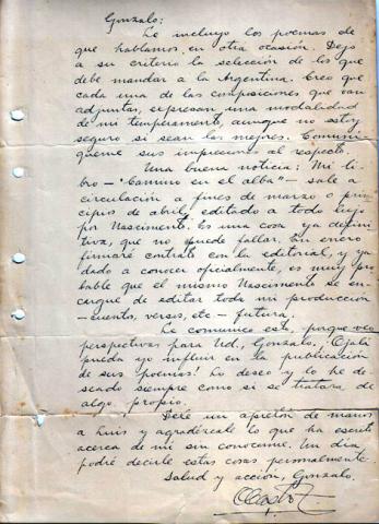 Primera imagen del registro Carta de Oscar Castro a Gonzalo Drago
