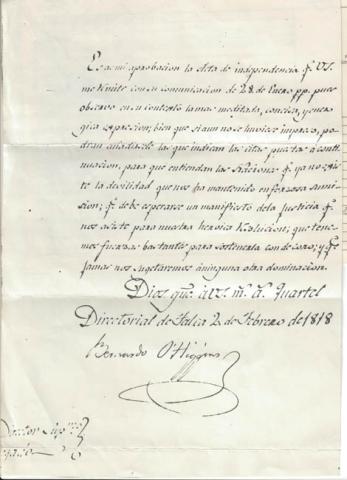 Primera imagen del registro Copia de la aprobación del Acta de la Independencia, firmada por Bernardo O'Higgins.