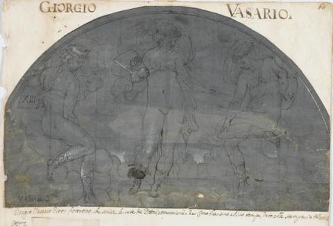 Primera imagen del registro Tres figuras femeninas que sostienen carteles con números XIII, XIIII, XV