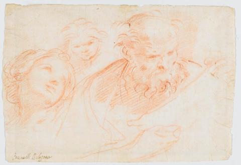 Primera imagen del registro Estudio de tres cabezas (anverso) / Desnudo masculino de pie con brazo en alto (reverso)
