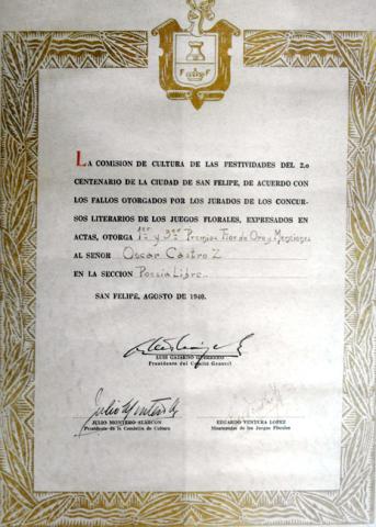 Primera imagen del registro Diploma Otorga 1° y 3° Premio en Lírica