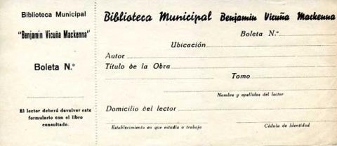 Primera imagen del registro Boleta de préstamo de la Biblioteca Municipal Benjamín Vicuña Mackenna
