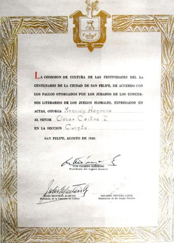 Primera imagen del registro Diploma de Mención Honrosa al Sr. Oscar Castro