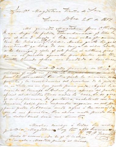 Primera imagen del registro Carta de don Pedro Félix Vicuña a su hermana doña Magdalena Vicuña de Subercaseaux