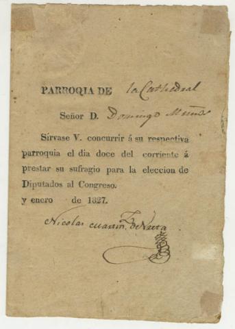 Primera imagen del registro Convocatoria a sufragar en la elección de diputados al congreso de Chile de 1827 en parroquia de la Catedral