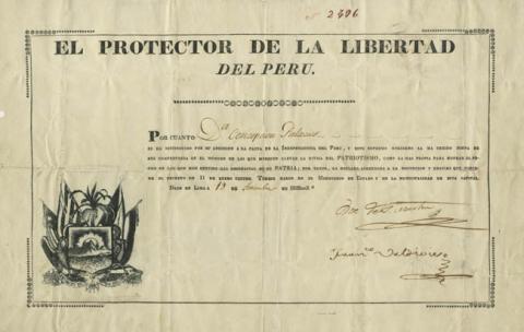 Primera imagen del registro Certificado de distinción a Concepción Palacios, con rúbrica de José San Martín