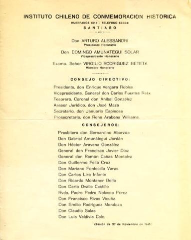 Primera imagen del registro Nómina oficial de los Miembros del Instituto Chileno de Conmemoración Histórica
