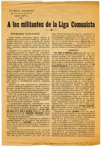 Primera imagen del registro Prospecto dirigido "A los militantes de la Liga Comunista"