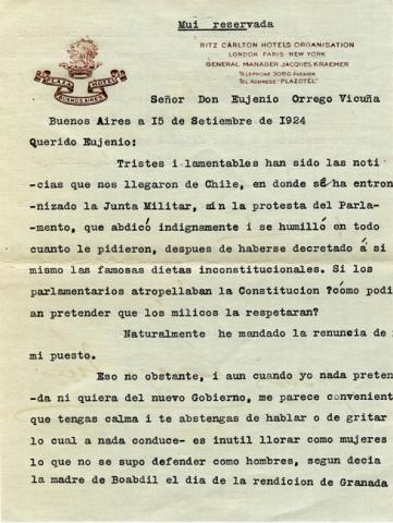 Primera imagen del registro Carta de don Luis Orrego Luco a su hijo Eugenio