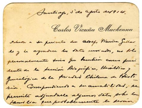 Primera imagen del registro Carta de don Carlos Vicuña Mackenna a Adolfo Vicuña Gallardo