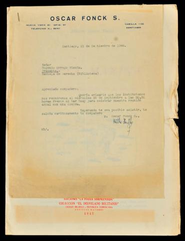 Primera imagen del registro Carta de Oscar Fonck a su amigo Eugenio orrego Vicuña, acompañada del poema de Alberto Baeza Flores