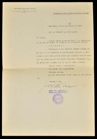 Primera imagen del registro Decreto N° 11.591 designando a don Eugenio Orrego Vicuña como organizador oficial del Museo Nacional Benjamín Vicuña Mackenna