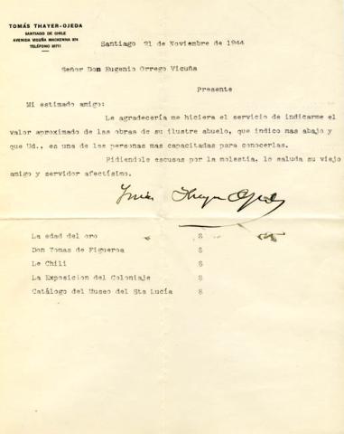 Primera imagen del registro Carta de don Tomás Thayer Ojeda a su amigo Eugenio Orrego Vicuña