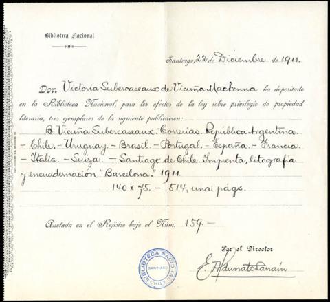 Primera imagen del registro Recibo de la Biblioteca Nacional sobre propiedad literaria de la publicación "Correrías" de Benjamín Vicuña Subercaseaux