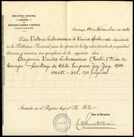 Primera imagen del registro Recibo del registro de propiedad literaria y artística de la Biblioteca Nacional sobre depósito de la obra "Días de Campo"