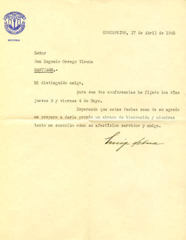 Primera imagen del registro Carta del rector Enrique Molina a su amigo Eugenio Orrego Vicuña