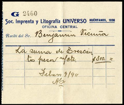 Primera imagen del registro Recibo de la Sociedad Imprenta y Litografía "Universo"